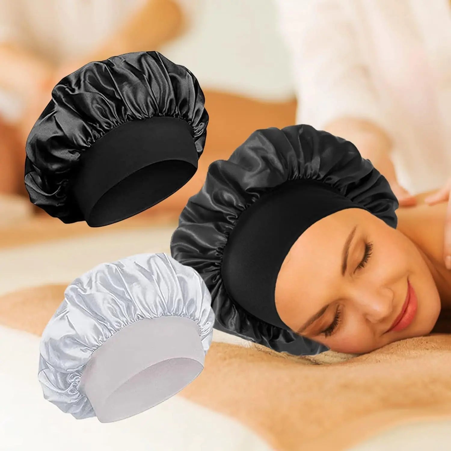 Women's Satin Solid Bonnets Wide-brimmed Night Sleeping Bathing Hat Unisex Head Wrap Elastic Band Cap Hair Care Bonnet