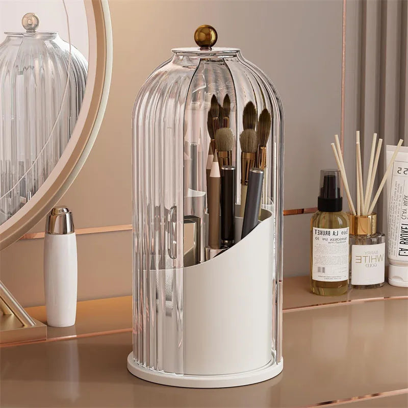 360° Rotating Makeup Brushes Holder with Lid Dustproof 3 Compartment Design Makeup Brushes Organizer Box for Vanity Countertop