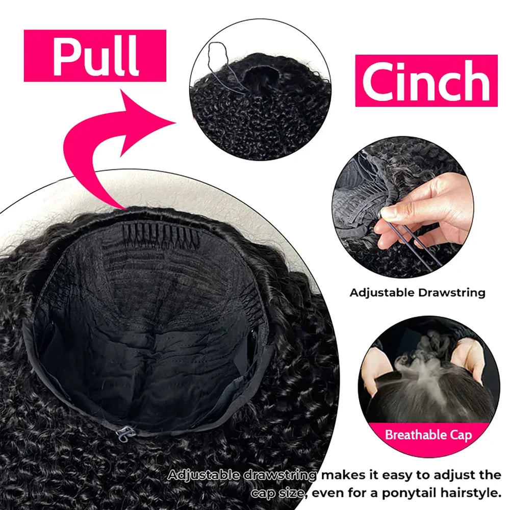 16 Inch 3 IN 1 Half Wig With Drawstring Seamless Human hair Wig Kinky Curly Headband Wig Upgrade for Women Summer Machine Wigs