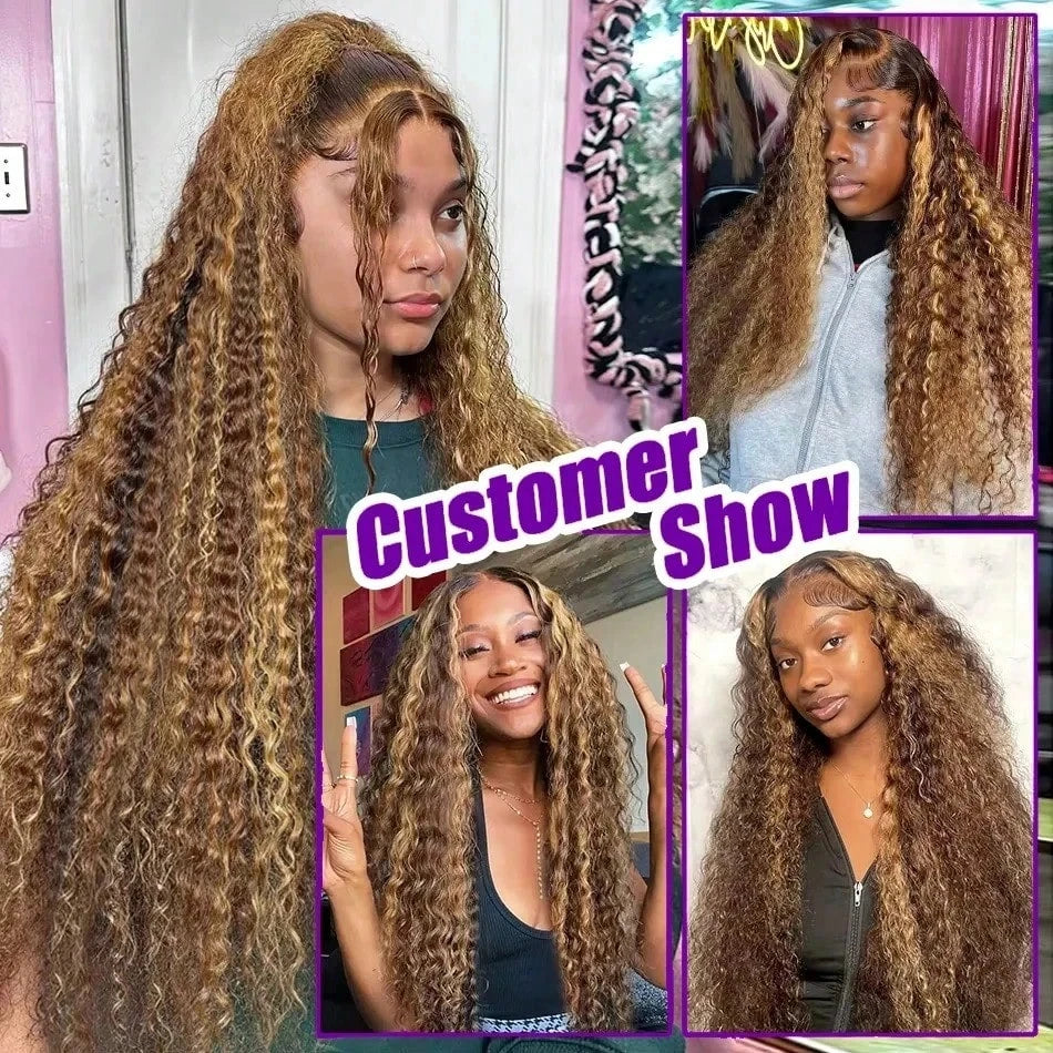 30 Inch Deep Wave Highlight Ombre Lace Front Wigs Human Hair 250% Density Deep Curly Human Hair Wig Pre Plucked P4/27 Ombre 13x4 HD Lace Frontal Wigs With Baby Hair For Women