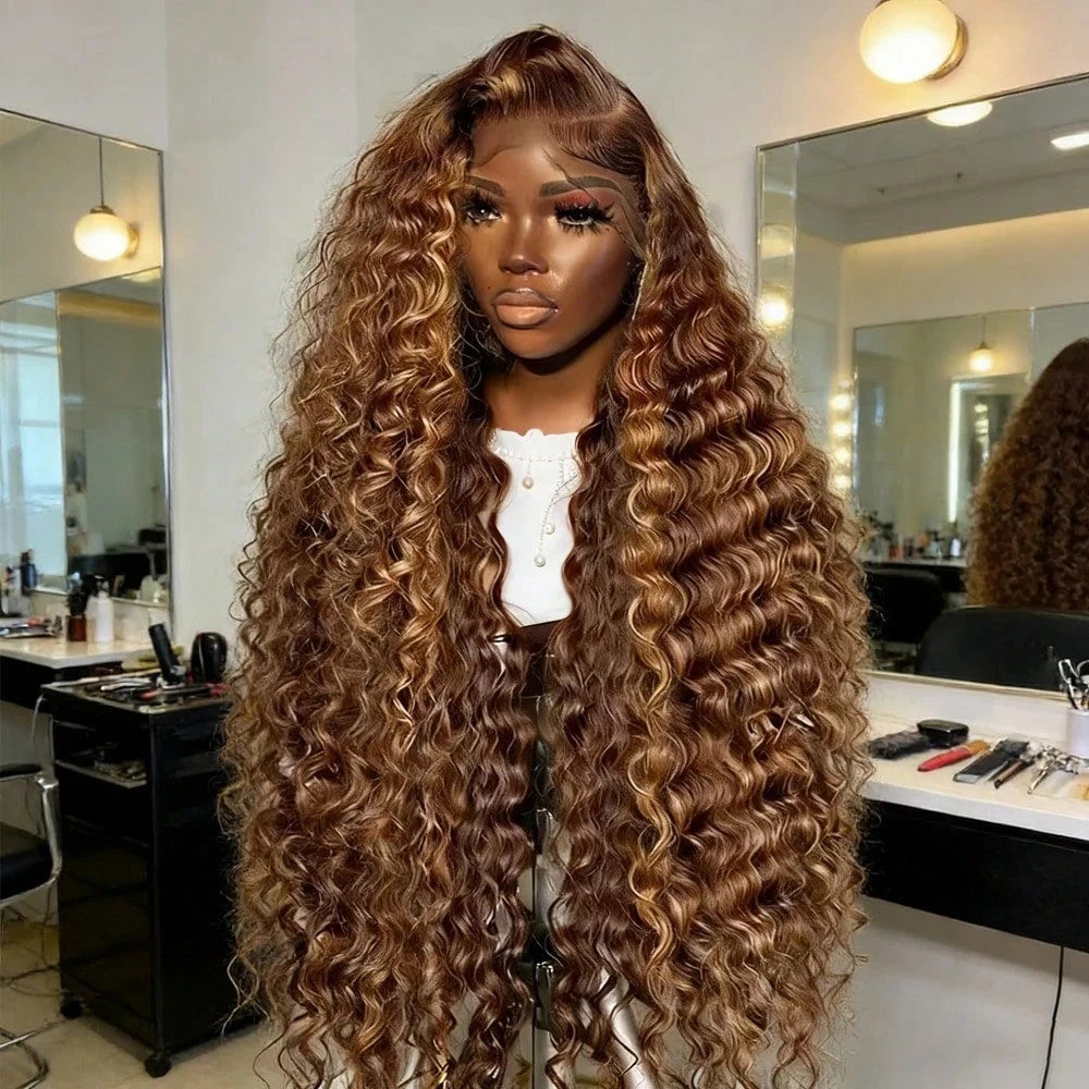 30 Inch Deep Wave Highlight Ombre Lace Front Wigs Human Hair 250% Density Deep Curly Human Hair Wig Pre Plucked P4/27 Ombre 13x4 HD Lace Frontal Wigs With Baby Hair For Women