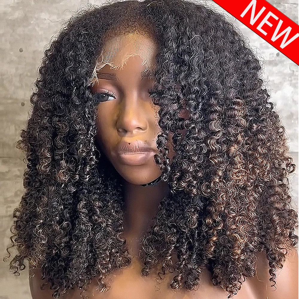 Highlight Glueless Wig Human Hair Kinky Curly 10-18 Inch 400 Density 13x6 HD Transparent Lace Frontal Wig Human Hair Wear And Go