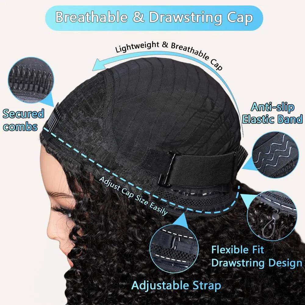 250% 3 In 1 Half Wig Human Hair Water Wave Half Wig Drawstring  Deep Curly  Glueless Curly Flip Over Wig Beginner Friendly