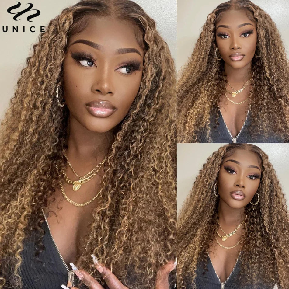 UNice Honey Blonde Highlight Kinky Curly Wig & Jerry Curly Wig Pre Plucked 13x4 Human Hair Lace Frontal Wig Clearance On Sale