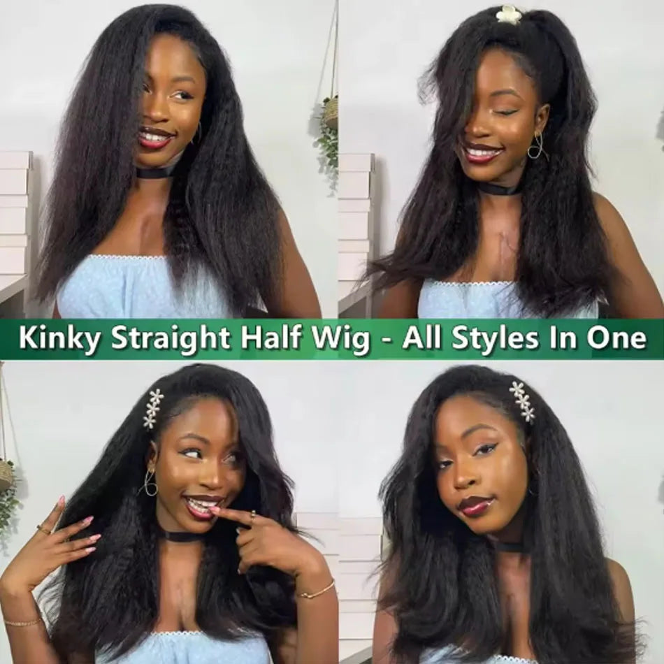 250 Density Kinky Straight Half Wigs Human Hair Wig Human Hair Ready to Wear 3 IN 1 Half Wig Drawstring Yaki Half Wig Human Hair