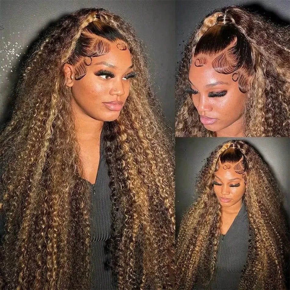 30 Inch Deep Wave Highlight Ombre Lace Front Wigs Human Hair 250% Density Deep Curly Human Hair Wig Pre Plucked P4/27 Ombre 13x4 HD Lace Frontal Wigs With Baby Hair For Women