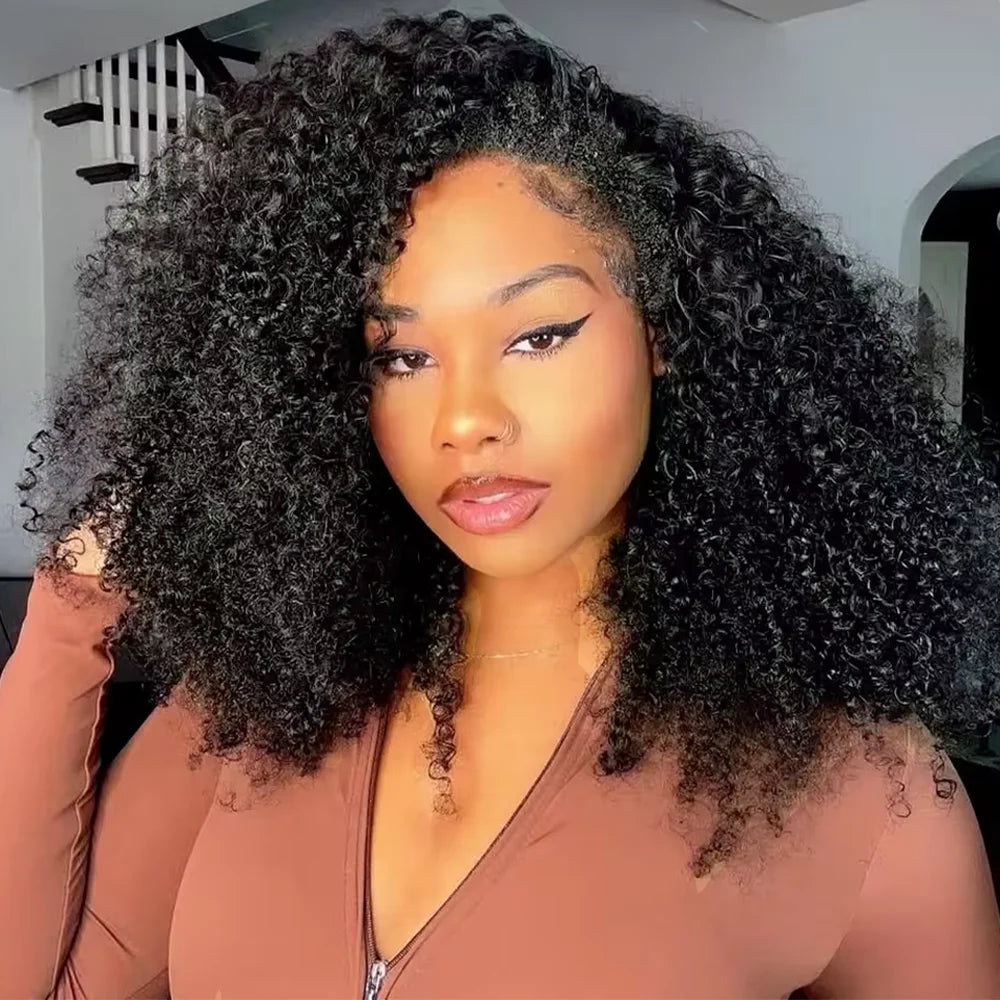 16 Inch 3 IN 1 Half Wig With Drawstring Seamless Human hair Wig Kinky Curly Headband Wig Upgrade for Women Summer Machine Wigs
