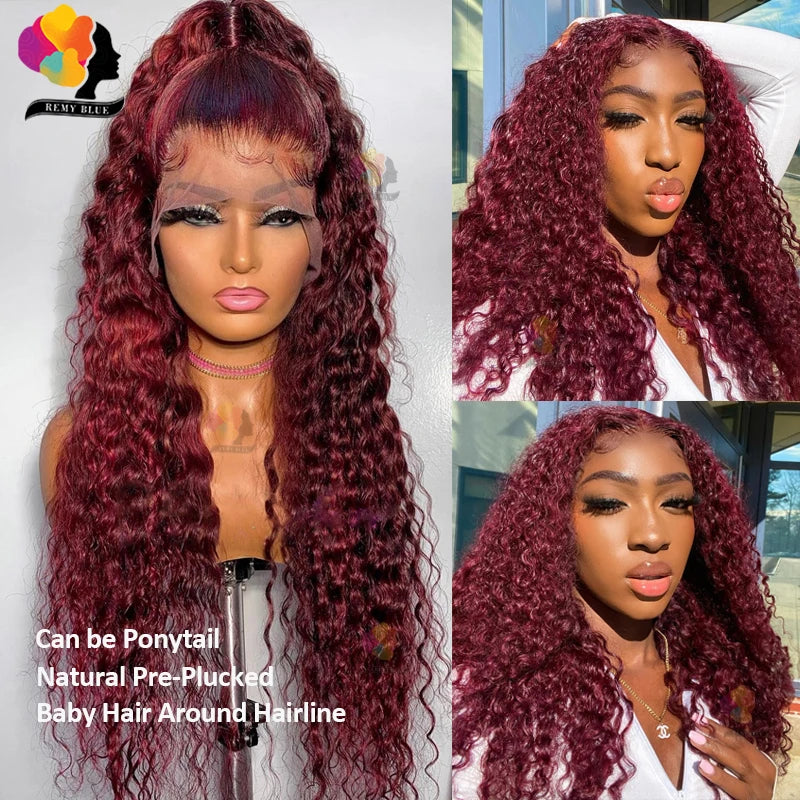 Burgundy Water Wave Human Hair Wigs for Black Women 13X6 13x4 Lace Front Human Hair Wig Remy Curly Human Hair Lace Frontal Wigs