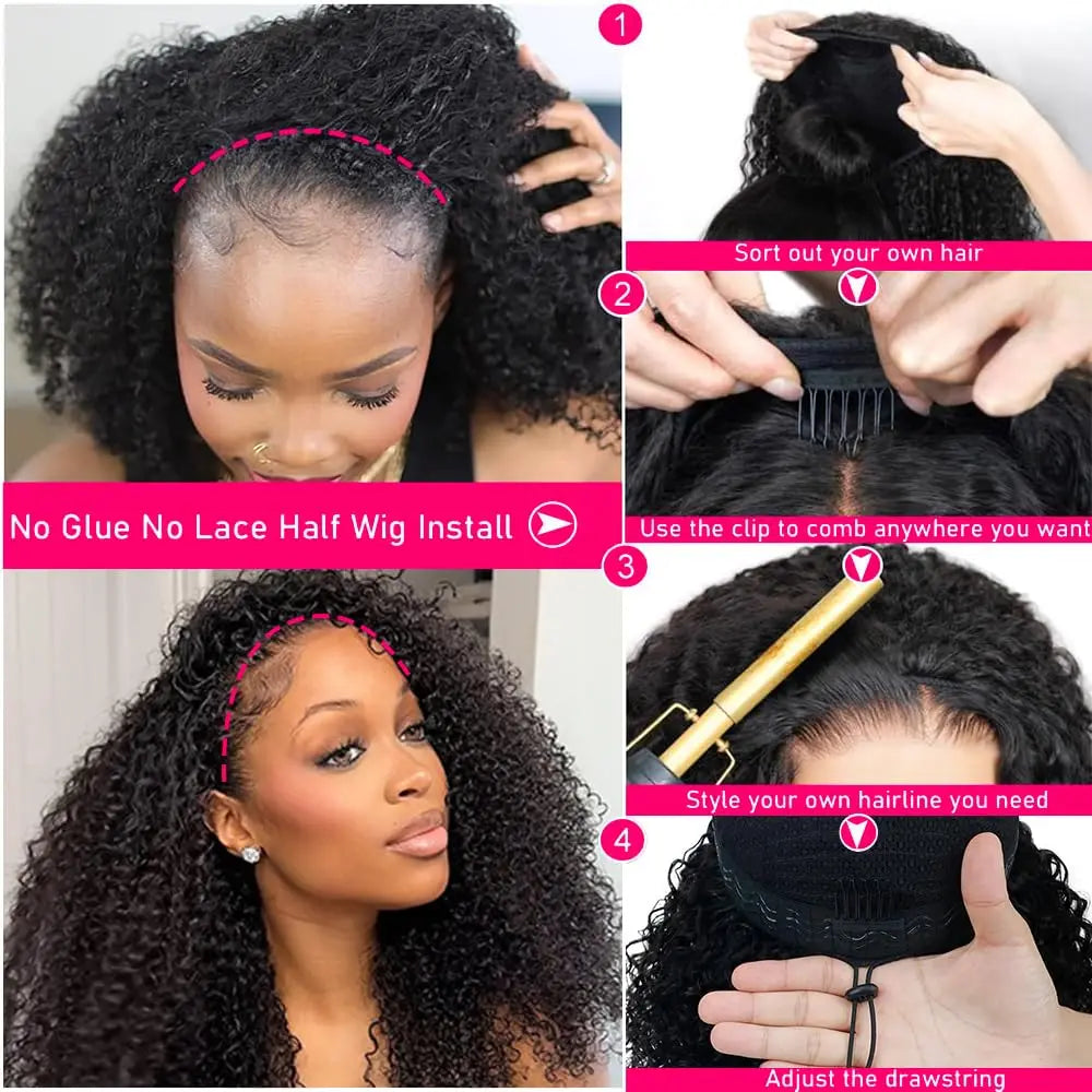 250% 3 In 1 Half Wig Human Hair Water Wave Half Wig Drawstring  Deep Curly  Glueless Curly Flip Over Wig Beginner Friendly